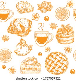 Hand drawn sketch illustration with breakfast food seamless pattern