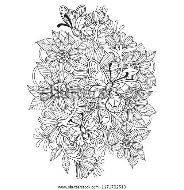 アダルトカラーブック Tシャツのエンブレム ロゴ タトゥー ゼンタングルデザインエレメント用の蝶と花の手描きのスケッチイラスト 白い背景にゼンタングル風の漫画 のベクター画像素材 ロイヤリティフリー