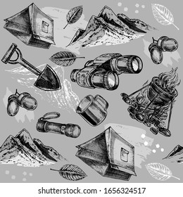 Hand drawn sketch illustration with camping items on a grey background. Bonfire, tent, binoculars, shovel and mug seamless pattern