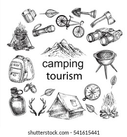 hand drawn sketch illustration camping items