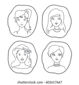 Hand drawn sketch illustration cartoon vector set of cute girls faces. People collection for your design. Female characters with different hairstyles in frames