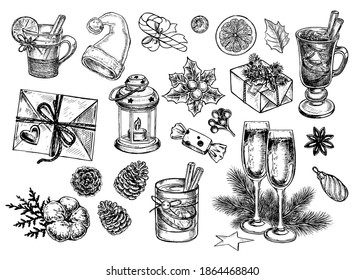 Hand drawn sketch illustration with Christmas items. Mulled wine, Christmas tree branches, glasses of champagne and gifts