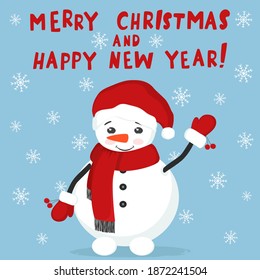 Hand drawn sketch illustration of Christmas snowman waving hand and snowflakes. Lettering Merry Christmas and Happy New Year. Cute holidays cartoon character vector for greeting card, sticker, banner