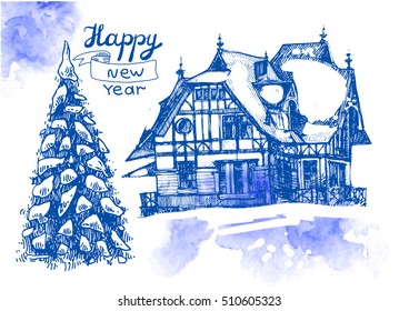 Hand drawn sketch illustration christmas landscape with house and 
spruce. Us for postcard, card, invitations and christmas decorations.