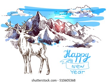 Hand drawn sketch illustration christmas landscape deer in mountains. Us for postcard, card, invitations and christmas decorations.