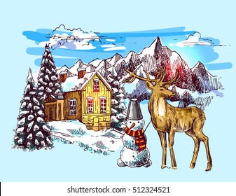 Hand drawn sketch illustration christmas landscape with house, 
spruce and deer. Use for postcard, card, invitations and christmas decorations.