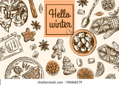 Hand drawn sketch illustration christmas food. Sketch style drawing. Us for Invitations, flyers, postcards, web etc