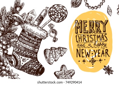 Hand drawn sketch illustration christmas lettering. Sketch style drawing. Merry christmas and a happy new year. Us for Invitations, flyers, postcards, web etc