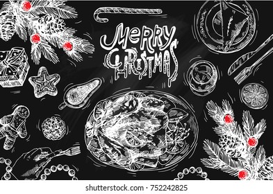 Hand Drawn Sketch Illustration Christmas Food. Sketch Style Drawing. Us For Invitations, Flyers, Postcards, Web Etc