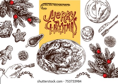 Hand Drawn Sketch Illustration Christmas Food. Sketch Style Drawing. Us For Invitations, Flyers, Postcards, Web Etc