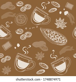 Hand drawn sketch illustration with cocoa and coffee items on a brown background seamless pattern for cafe and restaurants