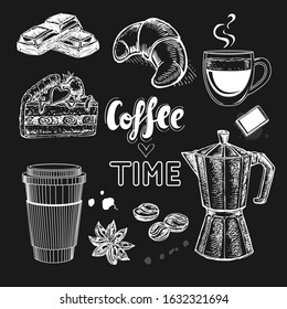 Hand drawn sketch illustration with coffee items on a black background