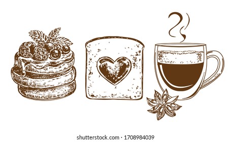 Hand drawn sketch illustration with coffee, fritters with raspberries and a sandwich with jam on a white background. Breakfast