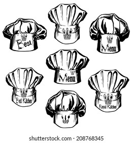 hand drawn, sketch illustration of collection hats of chef