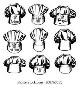 hand drawn, sketch illustration of collection hats of chef