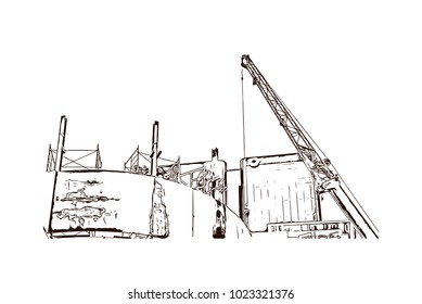 Hand drawn sketch illustration of construction work with crane in vector.