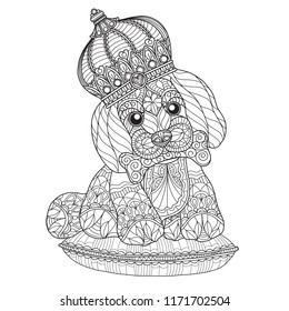 Hand drawn sketch illustration of cute puppy for adult coloring book, T-shirt emblem, logo or tattoo, zentangle design elements.
Zentangle stylized cartoon isolated on white background. 