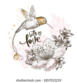 Hand drawn sketch illustration with cute hummingbird bird, lettering with love and beautiful flowers on white background