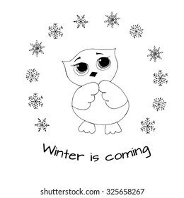 Hand drawn sketch illustration of cute a shy baby owl looking up with delight at a semicircle of snowflakes. Sign Winter is coming.Vector illustration.Clever owl, decoration for Christmas.OWL freezing
