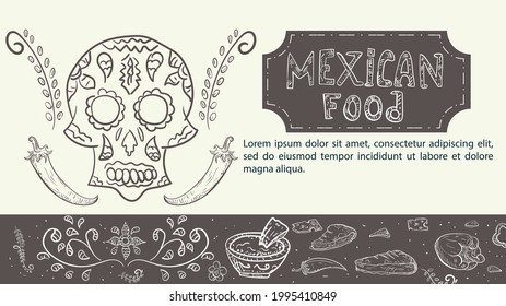 hand drawn sketch illustration for a design on the theme of Mexican food, painted skull and hot chili pepper