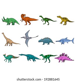 hand drawn, sketch illustration of different dinosaurs