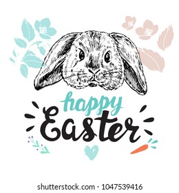 Hand drawn sketch illustration with Easter bunnies and flowers