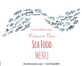 Hand drawn sketch illustration with fish. Wildanimal vector. Restaurant food card for seafood menu.