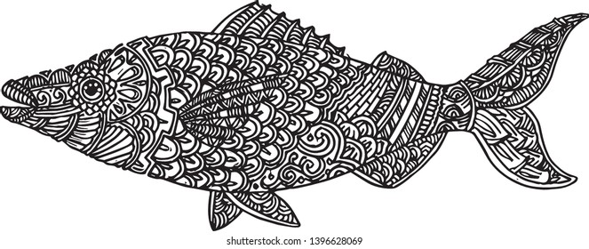 Hand drawn sketch illustration of Fish in the Sea flowers for adult coloring book, T-shirt emblem, logo or tattoo, zentangle design elements. Zen tangle stylized cartoon isolated on white background.