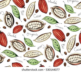 Hand drawn sketch illustration of the fruit of the tree of chocolate, cocoa beans, leaves and lettering chocolate, organic, green, bio, hand made colored vector seamless pattern background