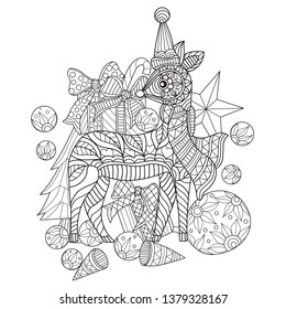 Hand drawn sketch illustration of Gift with little deer for adult coloring book, T-shirt emblem, logo or tattoo, zentangle design elements. Zentangle stylized cartoon isolated on white background. 