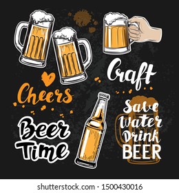 Hand drawn sketch illustration with glasses of beer collection and the beer inscription on a black background