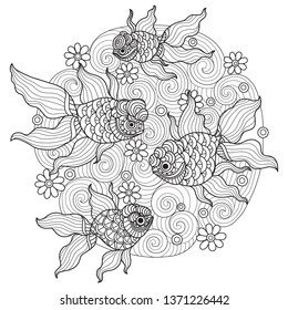 Hand drawn sketch illustration of goldfish for adult coloring book, T-shirt emblem, logo or tattoo, zentangle design elements. Zentangle stylized cartoon isolated on white background. 