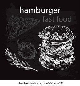 hand drawn sketch illustration hamburger on a black background