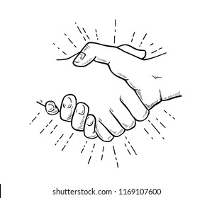 Hand Drawn Sketch Illustration Of A Handshake, Partnership Concept.
