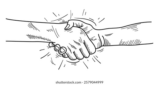 Hand drawn sketch illustration of a handshake. Shaking hands business on comic style. isolated on white background. doodle vector illustration