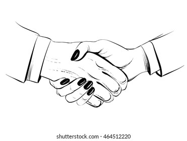 Hand drawn sketch illustration of a handshake. Businessman and businesswoman. Business handshake of man and woman. Partnership. Decorative line. Vector hands.