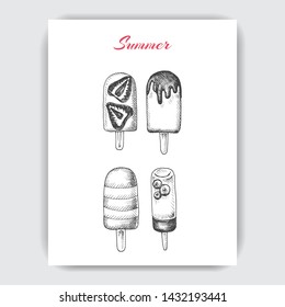 Hand drawn sketch illustration ice cream. Card menu sweets.