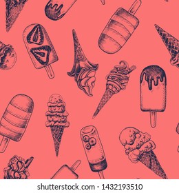 Hand drawn sketch illustration ice cream. Card menu sweets.
