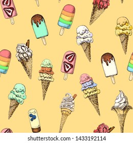 Hand drawn sketch illustration ice cream. Card menu sweets.