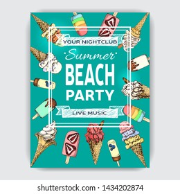 Hand drawn sketch illustration ice cream. Card menu sweets.