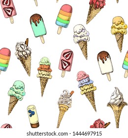 Hand drawn sketch illustration ice cream. Card menu sweets.