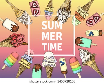 Hand drawn sketch illustration ice cream. Card menu sweets.