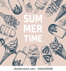 Hand drawn sketch illustration ice cream. Card menu sweets.