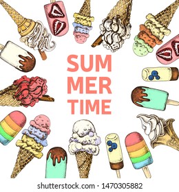 Hand drawn sketch illustration ice cream. Card menu sweets.