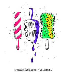 Hand drawn sketch illustration of ice cream. Funny bright cartoon ice cream with text yummy yummy.