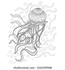 Hand drawn sketch illustration of jellyfish in the sea for adult coloring book, T-shirt emblem, logo or tattoo, zentangle design elements. Zentangle stylized cartoon isolated on white background. 