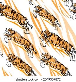 Hand drawn sketch illustration jumping tiger seamless pattern. Symbol of the 2022 year