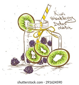 Hand drawn sketch illustration with Kiwi Blackberry detox water. Healthy lifestyle concept.