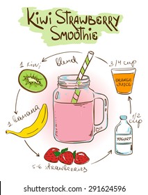 Hand drawn sketch illustration with Kiwi Strawberry smoothie. Including recipe and ingredients for restaurant or cafe. Healthy lifestyle concept.