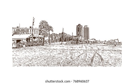 Hand drawn sketch illustration of La Barceloneta beach, Barcelona, Spain. in vector